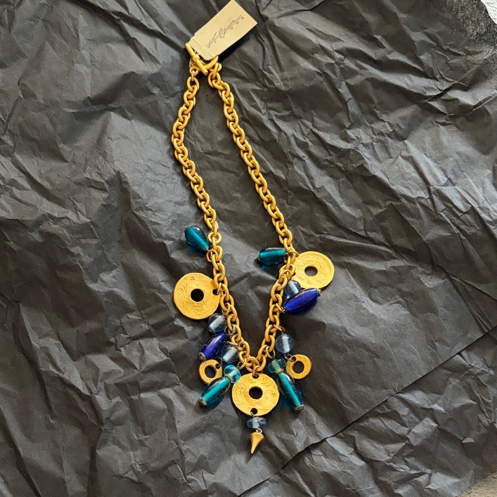 80s 90s Gold and Blue Disc Necklace